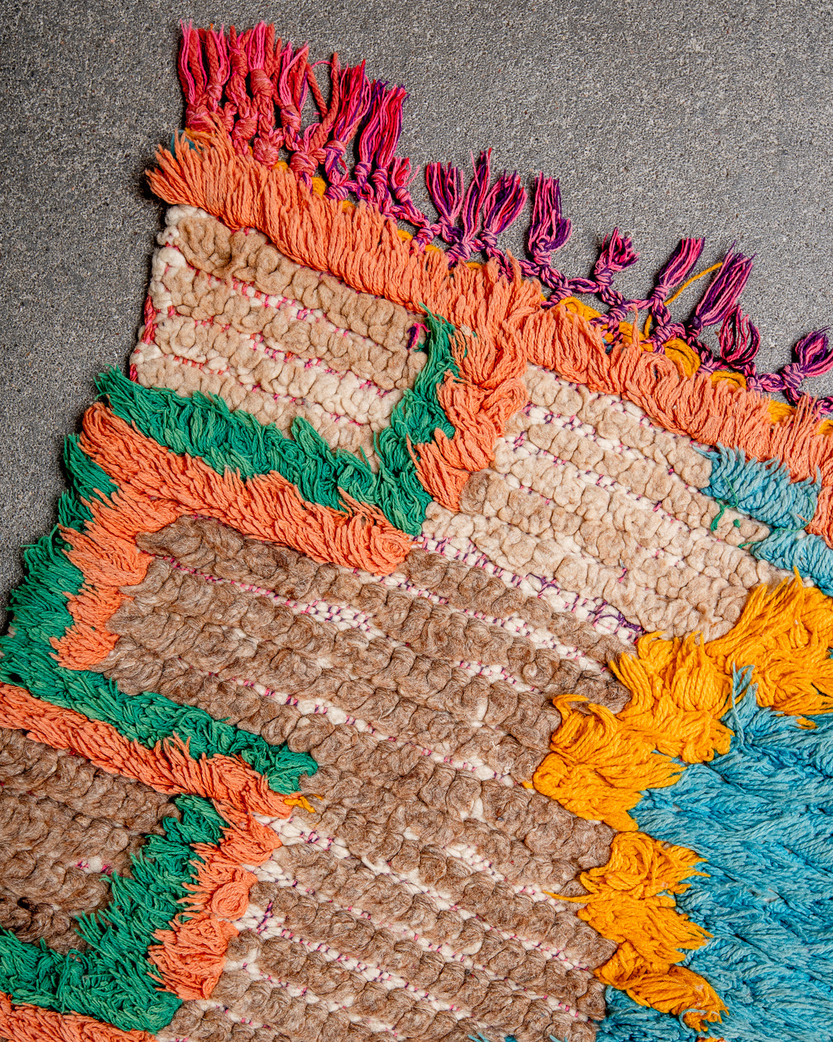 Modern, designer, handcrafted Berber rug from Morocco. Vintage carpet with beautiful colours and patterns and fluffy texture.
